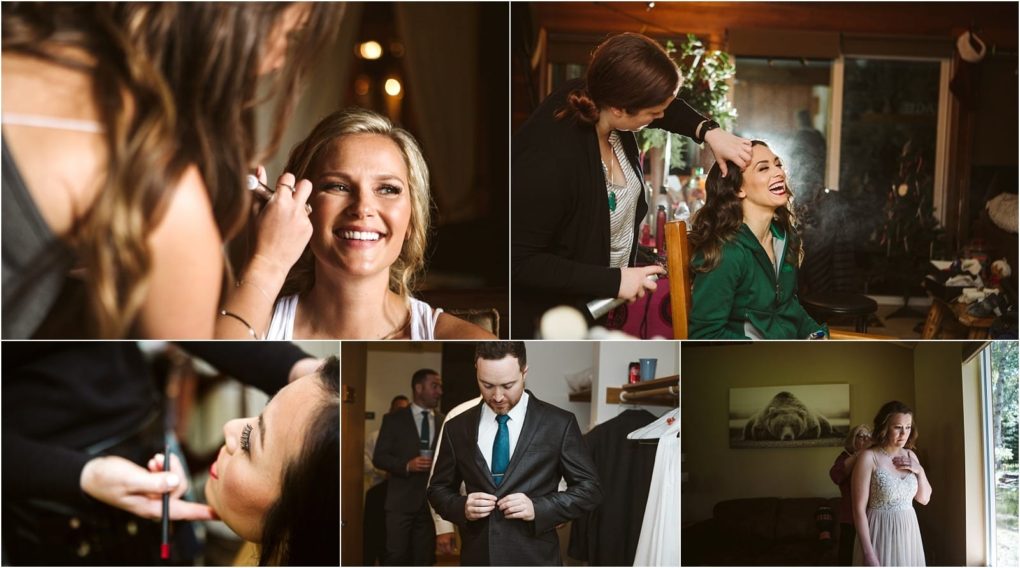 Premier snohomish & seattle wedding photographer | gsquared weddings photography a collage of five photos shows people getting ready for a snohomish wedding women having their makeup done a man adjusting his tie and a woman in a white dress helping a young girl with her dress in a warmly lit indoor setting | serving snohomish seattle                   & beyond
