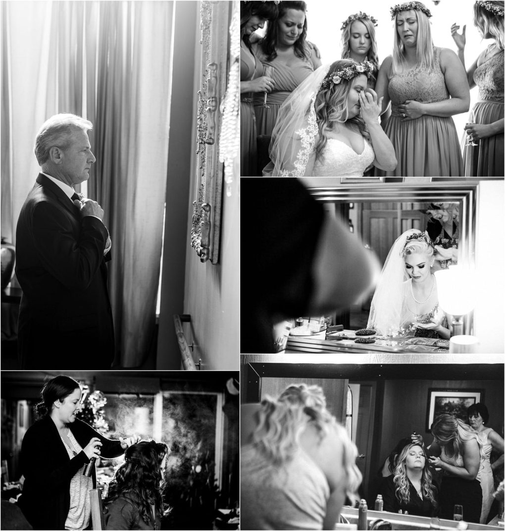 Premier snohomish & seattle wedding photographer | gsquared weddings photography a collage of five black and white photos captures snohomish wedding preparations a man adjusts his tie bridesmaids comfort a bride a bride adds earrings and women have their hair and makeup done in a salon | serving snohomish seattle                   & beyond