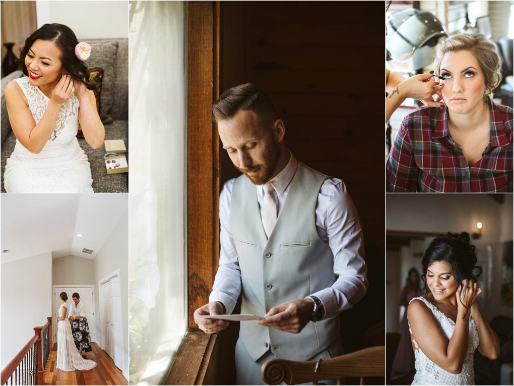 Premier snohomish & seattle wedding photographer | gsquared weddings photography a collage of five images from a snohomish seattle wedding shows a bride adjusting an earring a groom reading a letter a woman having makeup done a bride with her mother and a smiling bride touching her hair on her wedding day | serving snohomish seattle                   & beyond