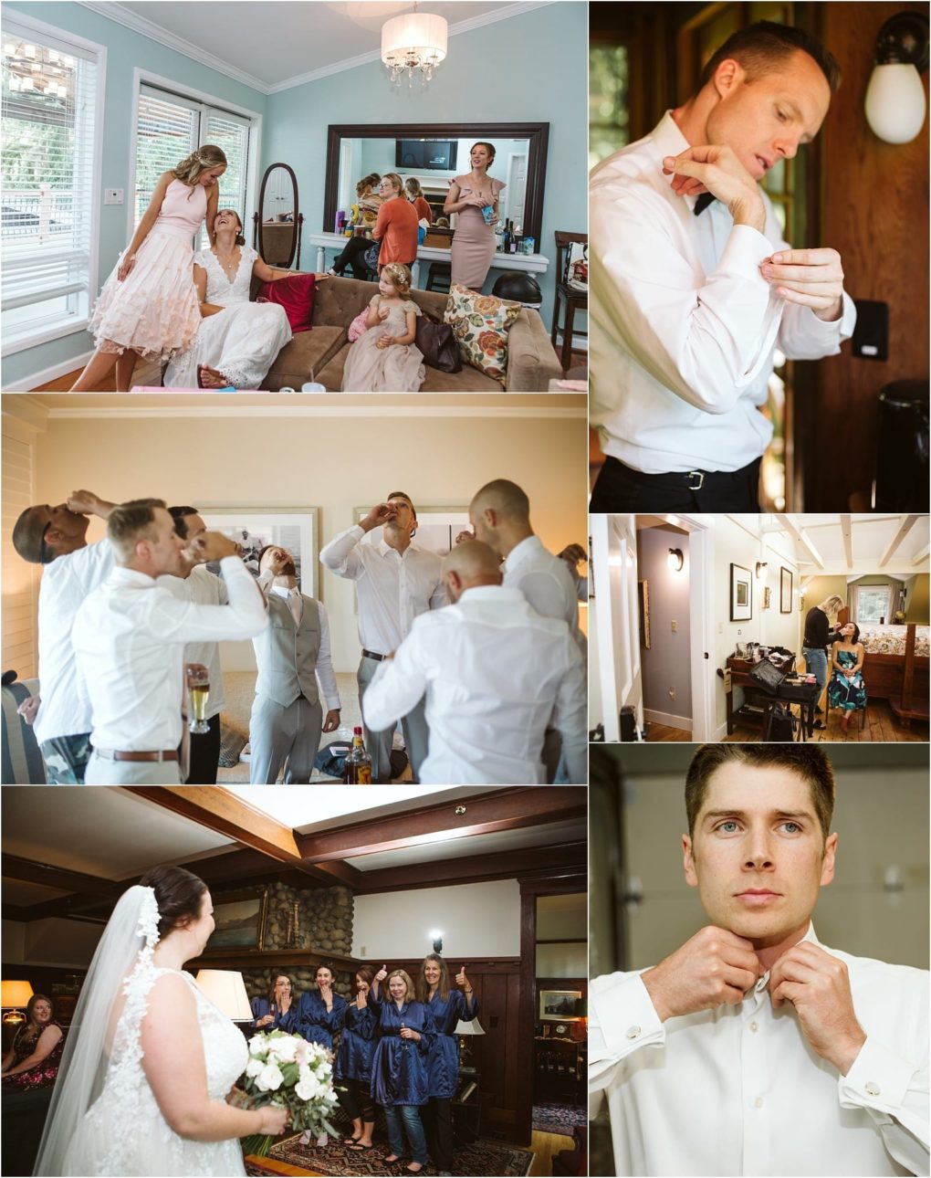 Premier snohomish & seattle wedding photographer | gsquared weddings photography a collage of snohomish wedding preparation scenes bridesmaids help the bride groomsmen adjust shirts and toast a bride with her bouquet and people getting ready in various rooms before their seattle engagement | serving snohomish seattle                   & beyond