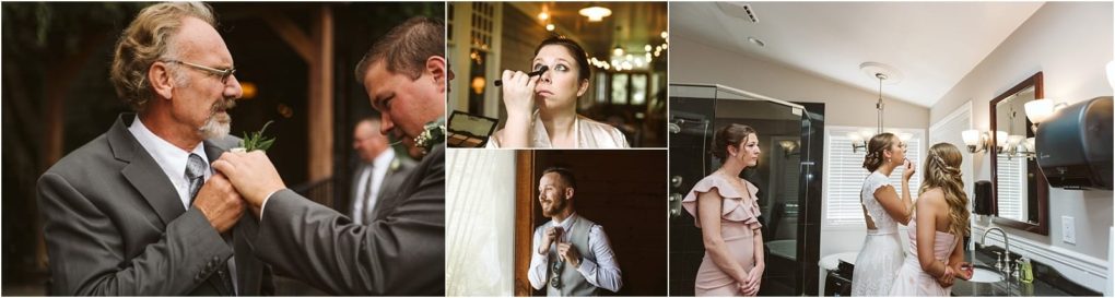 Premier snohomish & seattle wedding photographer | gsquared weddings photography a collage of snohomish wedding preparation scenes a man helps another with a boutonniere a woman applies makeup a man adjusts his tie and two women help a bride with her dress in a bathroom | serving snohomish seattle                   & beyond