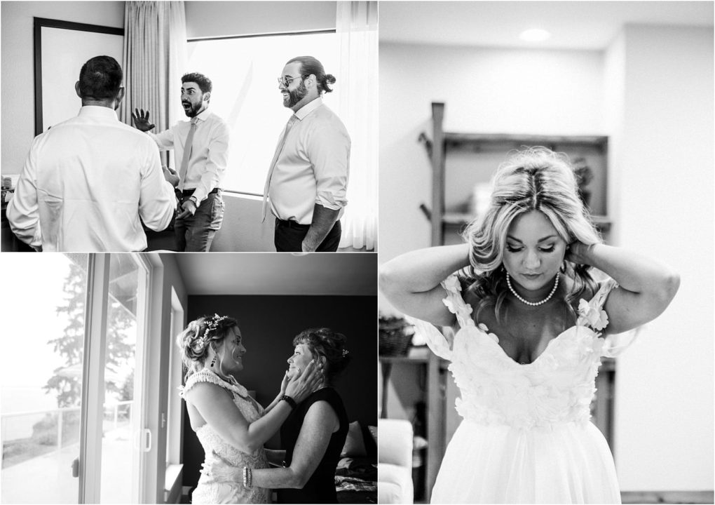Premier snohomish & seattle wedding photographer | gsquared weddings photography a collage of three black and white photos three men talk by a window a bride adjusts her necklace the bride and an older woman smile and touch each others faces affectionately at a snohomish seattle wedding | serving snohomish seattle                   & beyond