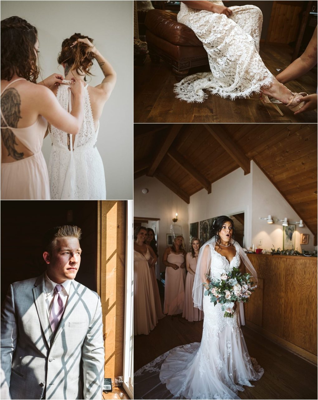 Premier snohomish & seattle wedding photographer | gsquared weddings photography a collage of snohomish wedding preparation scenes a bride having her dress fastened a close up of her lace gown as she puts on shoes a groom in a suit by a window and the bride holding a bouquet flanked by bridesmaids | serving snohomish seattle                   & beyond