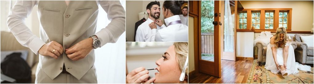 Premier snohomish & seattle wedding photographer | gsquared weddings photography a collage showing a groom buttoning his vest a man helping another with a tie a woman applying lipstick and a bride putting on shoes in a well lit room before their dreamy snohomish seattle wedding | serving snohomish seattle                   & beyond