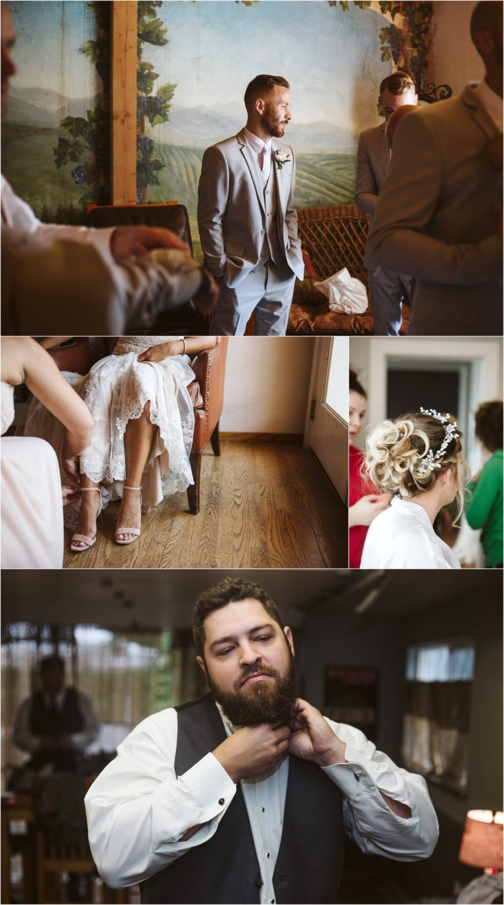 Premier snohomish & seattle wedding photographer | gsquared weddings photography a collage of wedding preparation scenes a snohomish groom in a light suit with groomsmen a bride adjusting her sandal a woman with a floral hairpiece and a bearded man adjusting his collar before their seattle wedding | serving snohomish seattle                   & beyond