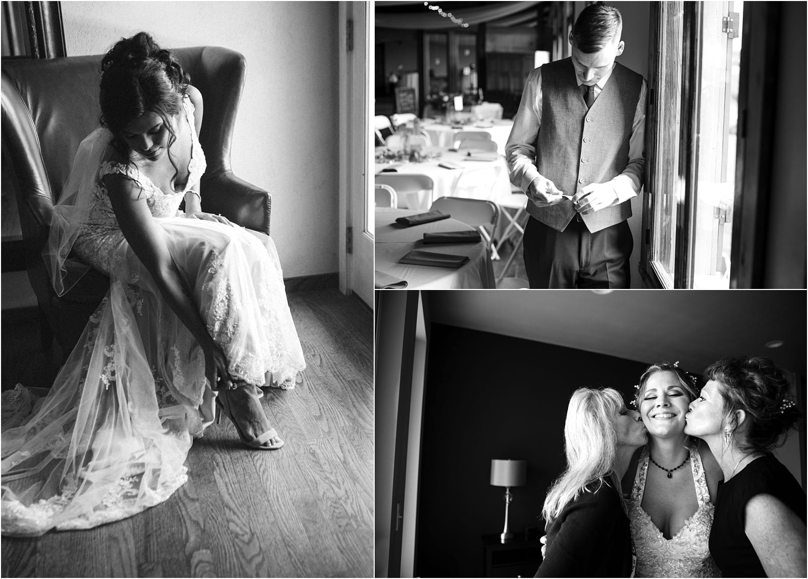 Premier Snohomish & Seattle Wedding Photographer | GSquared Weddings Photography A collage of three black-and-white Snohomish wedding photos: a bride putting on her shoe, a groom adjusting his vest by a window, and the bride smiling as two women kiss her cheeks affectionately.                                   | Serving Snohomish, Seattle ,                  & Beyond