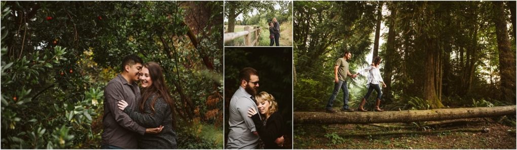 Premier snohomish & seattle wedding photographer | gsquared weddings photography a collage of couples posing affectionately in a lush green forest setting near snohomish including close up hugs walking on a fallen tree and standing together near trees and wooden fences for dreamy seattle wedding engagement inspiration | serving snohomish seattle                   & beyond