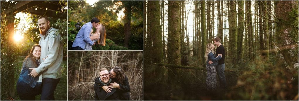Premier snohomish & seattle wedding photographer | gsquared weddings photography a collage of four photos showing a couple embracing laughing and kissing in lush wooded outdoor settings with sunlight filtering through the treescapturing the magic of a snohomish seattle wedding engagement | serving snohomish seattle                   & beyond