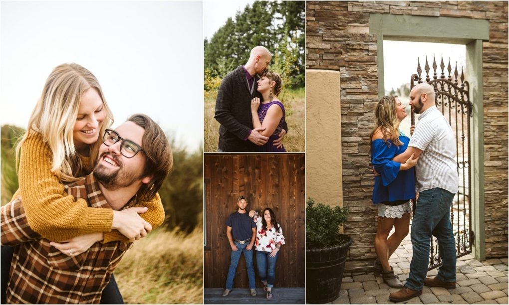 Premier snohomish & seattle wedding photographer | gsquared weddings photography a collage of four photos shows couples posing affectionately outdoors in various natural and rustic settings near snohomish perfect for seattle wedding or engagement inspiration | serving snohomish seattle                   & beyond