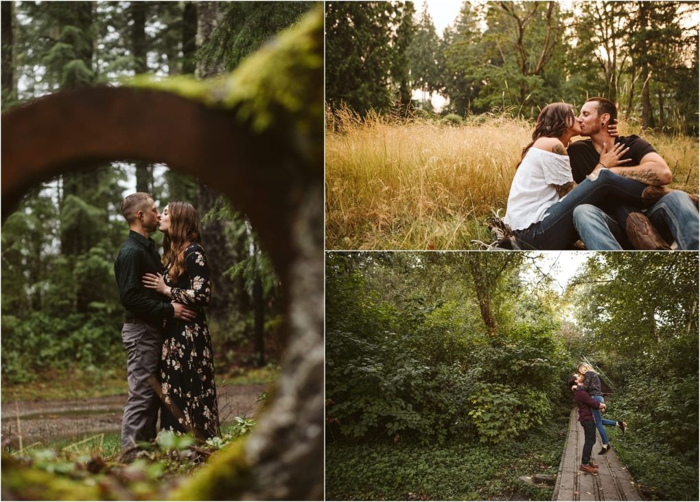 Premier snohomish & seattle wedding photographer | gsquared weddings photography a collage of three outdoor photos shows a couple embracing and kissing in a forest grassy field and on a wooden path capturing the romance and connection of a snohomish seattle wedding engagement surrounded by lush greenery | serving snohomish seattle                   & beyond