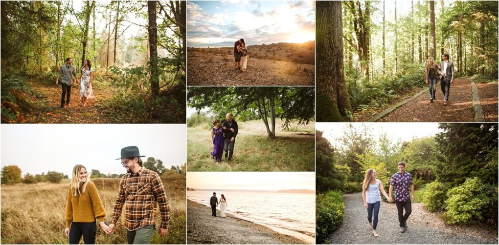 Premier snohomish & seattle wedding photographer | gsquared weddings photography a collage of seven photos showing couples walking hand in hand outdoors in scenic locationsfrom forests and fields to a sunset desertcaptures the joy and romance of snohomish seattle wedding engagement moments The couples appear happy and relaxed together | serving snohomish seattle                   & beyond