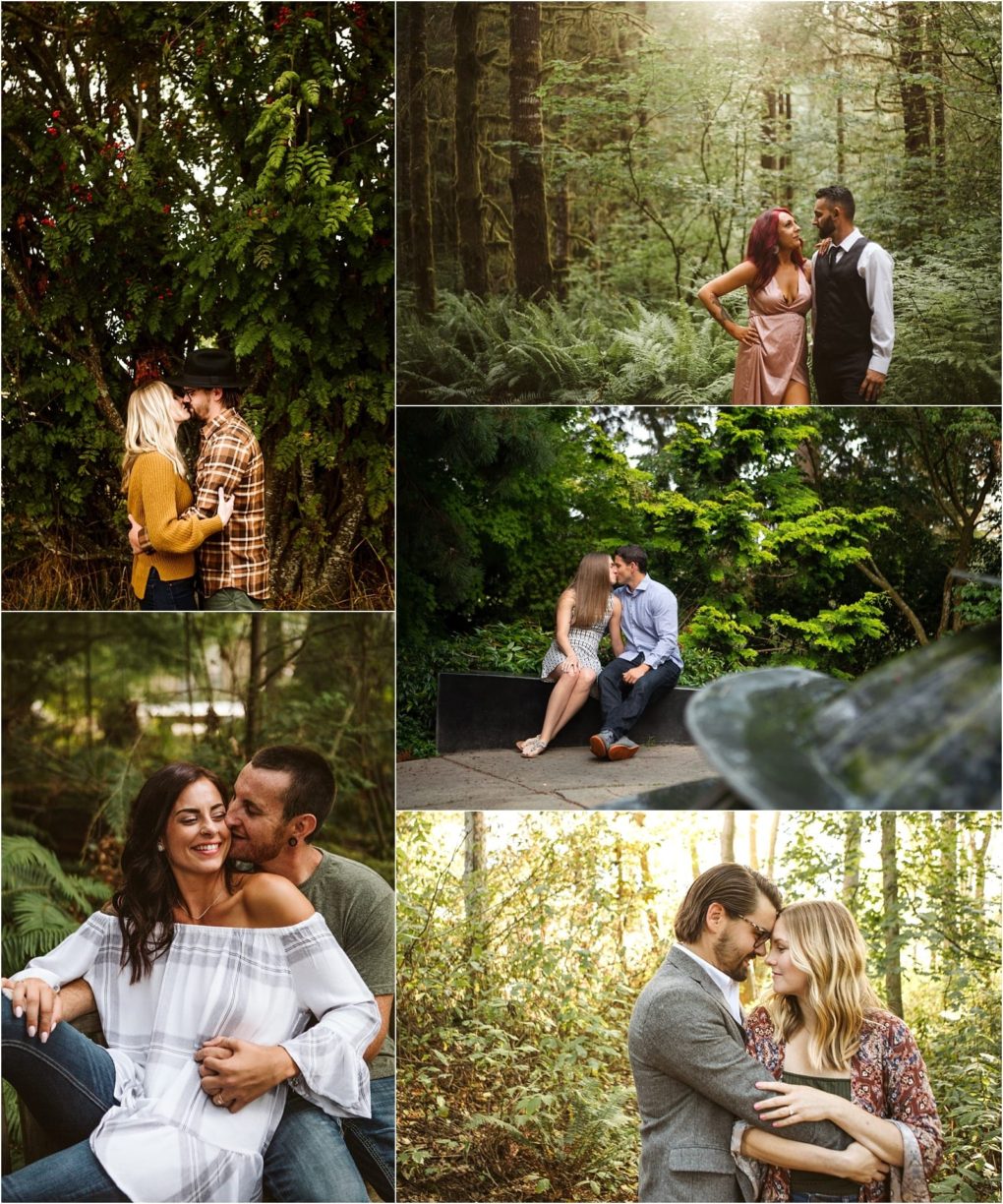 Premier snohomish & seattle wedding photographer | gsquared weddings photography a collage of five couples in outdoor forested settings near snohomish seattle each sharing intimate moments like holding hands or embracing among trees and greenery The atmosphere is natural and romantic capturing a true wedding engagement vibe | serving snohomish seattle                   & beyond
