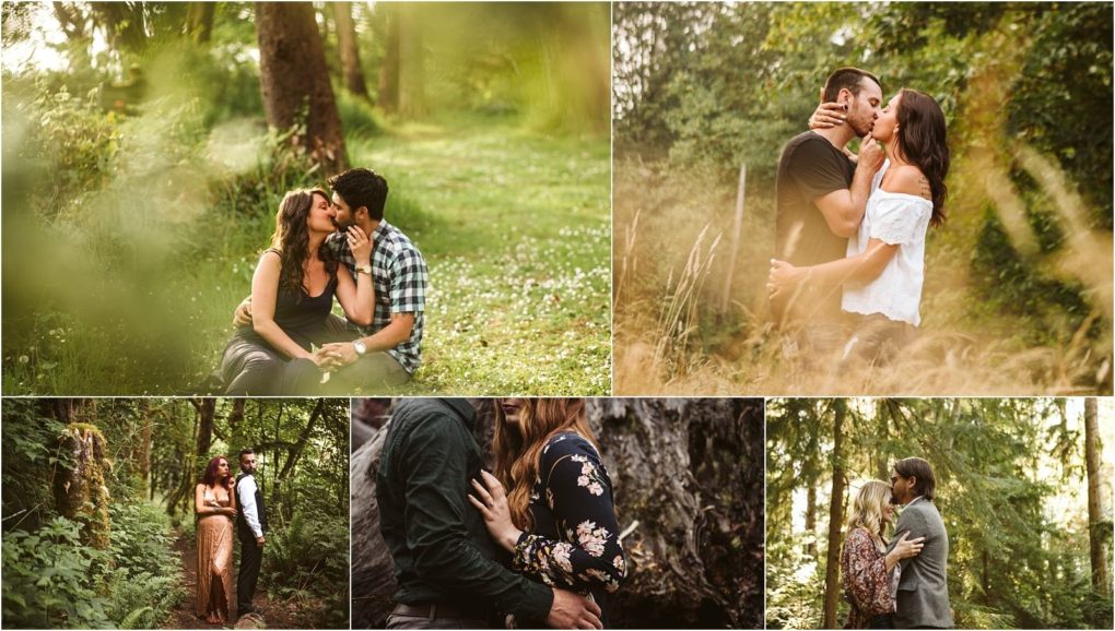Premier snohomish & seattle wedding photographer | gsquared weddings photography collage of five photos showing couples embracing and sharing intimate moments outdoors in a sunlit forested setting near snohomish Each couple appears affectionate and relaxed capturing the spirit of seattle wedding engagement sessions | serving snohomish seattle                   & beyond
