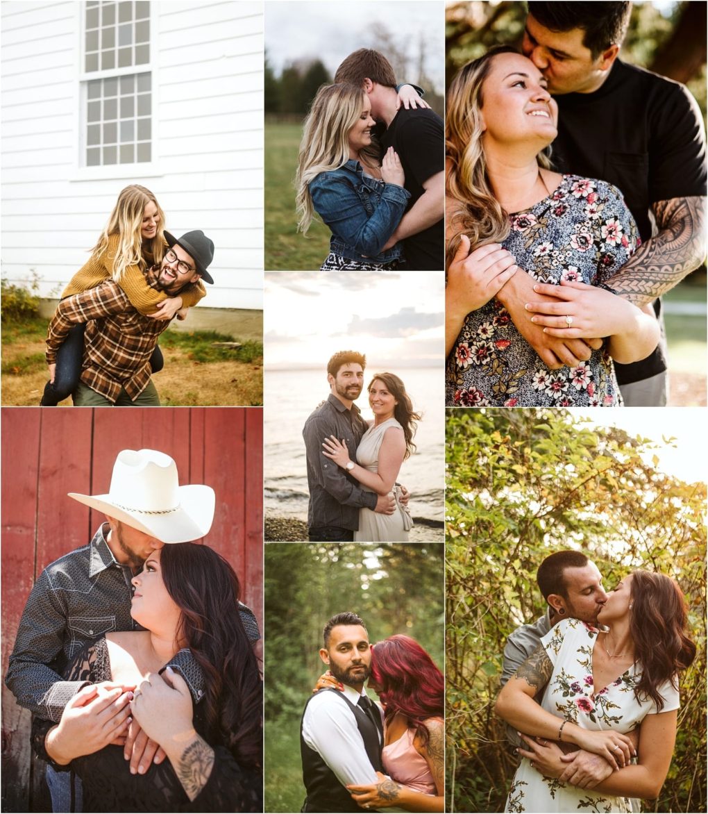 Premier snohomish & seattle wedding photographer | gsquared weddings photography a collage of seven couples posing affectionately outdoorsembracing holding hands or giving piggyback rides in scenic snohomish and seattle settingscapturing the essence of wedding and engagement moments in nature | serving snohomish seattle                   & beyond