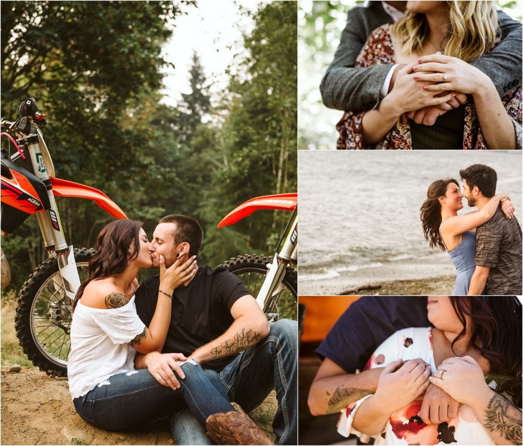 Premier snohomish & seattle wedding photographer | gsquared weddings photography a collage of romantic couples one sits by dirt bikes and kisses another embraces at a lakeshore two close up shots show couples holding hands and one couple snuggles togethercapturing authentic snohomish seattle wedding engagement moments | serving snohomish seattle                   & beyond
