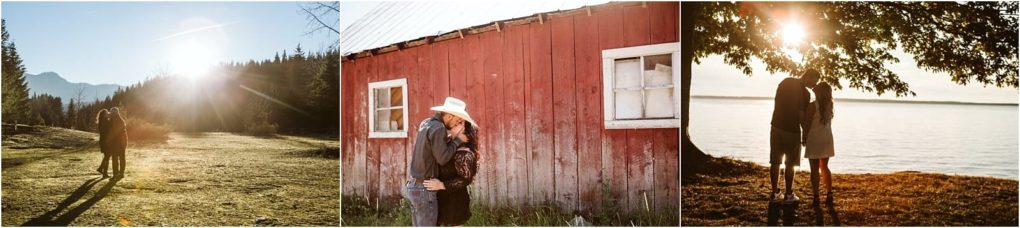 Premier snohomish & seattle wedding photographer | gsquared weddings photography three romantic couple photos left a couple embraces in a sunny snohomish mountain field center a couple kisses by a rustic red barn right a seattle engagement moment as they stand by a lake at sunset holding each other under a tree | serving snohomish seattle                   & beyond