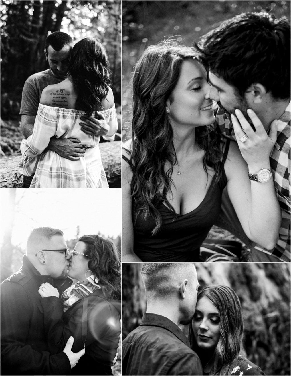 Premier snohomish & seattle wedding photographer | gsquared weddings photography a collage of four black and white photos showing couples in intimate affectionate poses outdoors around snohomish and seattle hugging holding each other or sharing close engagement moments Each couple displays tender emotions in natural settings | serving snohomish seattle                   & beyond