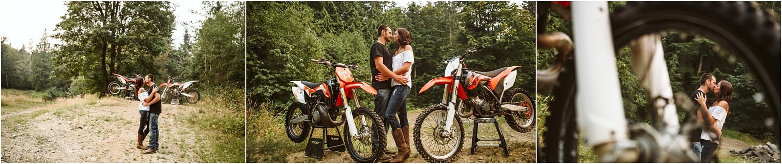 Premier Snohomish & Seattle Wedding Photographer | GSquared Weddings Photography A couple stands outdoors with two dirt bikes, embracing and smiling at each other in a wooded, natural setting—perfect for a Snohomish Seattle wedding engagement. One close-up shows them kissing, framed between the bikes.                                   | Serving Snohomish, Seattle ,                  & Beyond