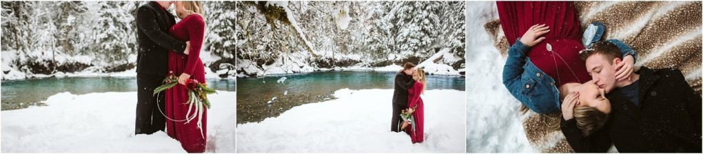 Premier snohomish & seattle wedding photographer | gsquared weddings photography a couple embraces and kisses by a snowy riverside in snohomish the woman wears a red dress and holds a bouquet and in the last frame they lie on a blanket gazing at each other lovinglyperfect for a seattle wedding engagement session | serving snohomish seattle                   & beyond