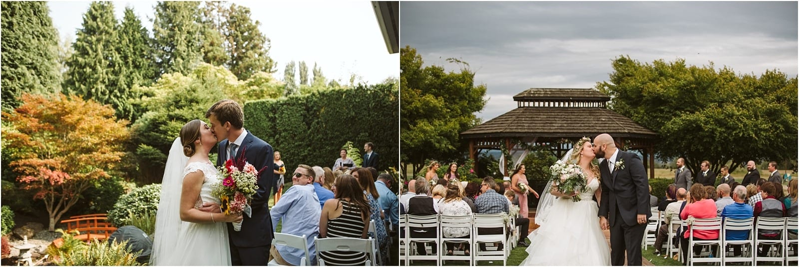 Premier Snohomish & Seattle Wedding Photographer | GSquared Weddings Photography A bride and groom share a kiss outdoors during their Snohomish wedding ceremony. Guests sit on white chairs, with a wooden gazebo and lush greenery visible in the background under a cloudy sky.                                   | Serving Snohomish, Seattle ,                  & Beyond