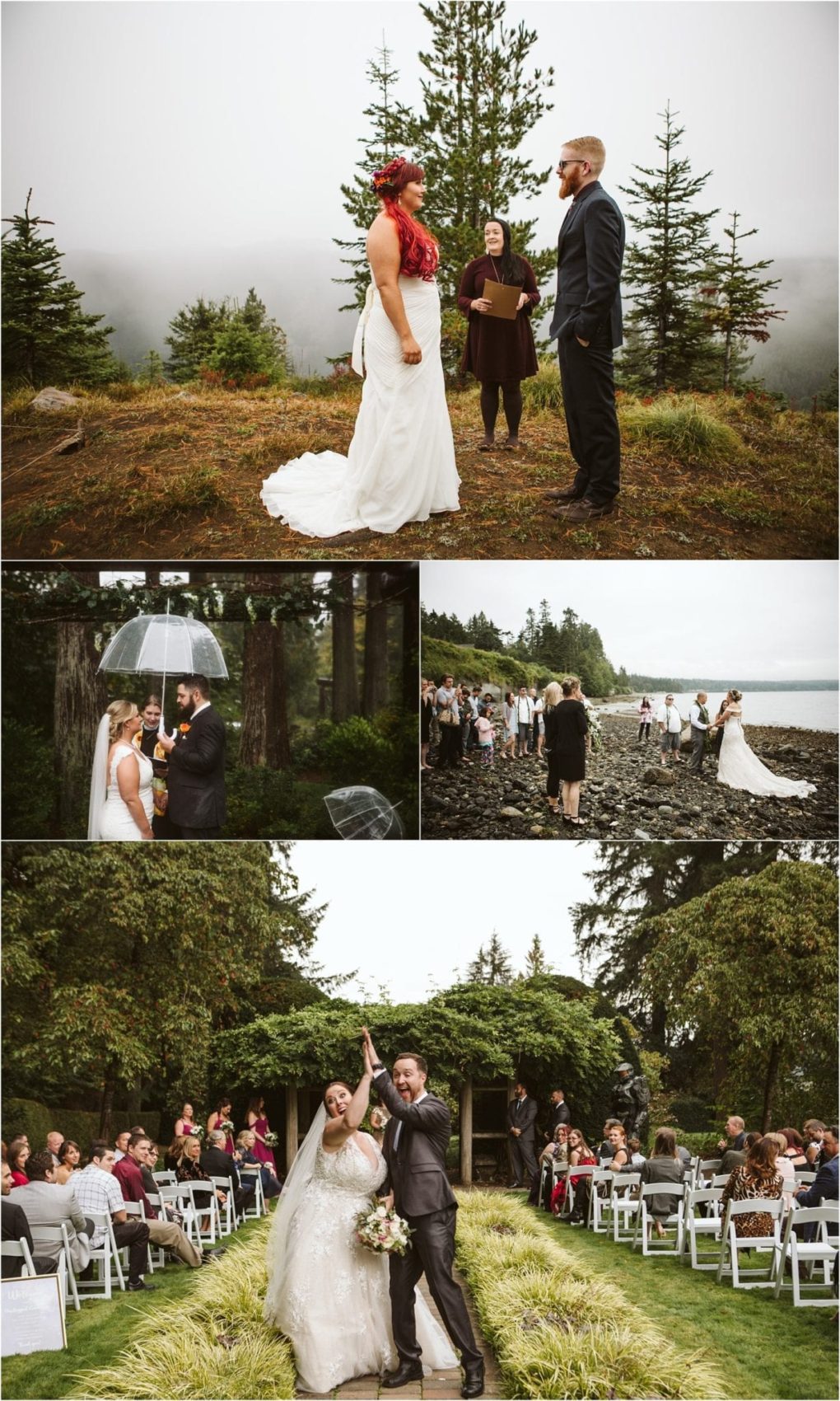 Premier snohomish & seattle wedding photographer | gsquared weddings photography a collage of four snohomish wedding scenes a couple exchanging vows outdoors a couple under an umbrella guests on a rocky shore and a couple celebrating in front of seated guests at a seattle garden ceremony | serving snohomish seattle                   & beyond