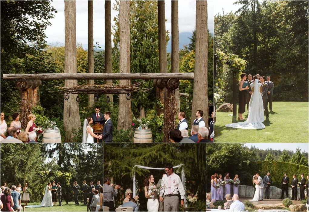 Premier snohomish & seattle wedding photographer | gsquared weddings photography a collage of outdoor snohomish wedding scenes shows a couple exchanging vows guests seated on a lawn the wedding party nearby and celebratory moments with family and friends surrounded by lush greenery and rustic wooden structures | serving snohomish seattle                   & beyond