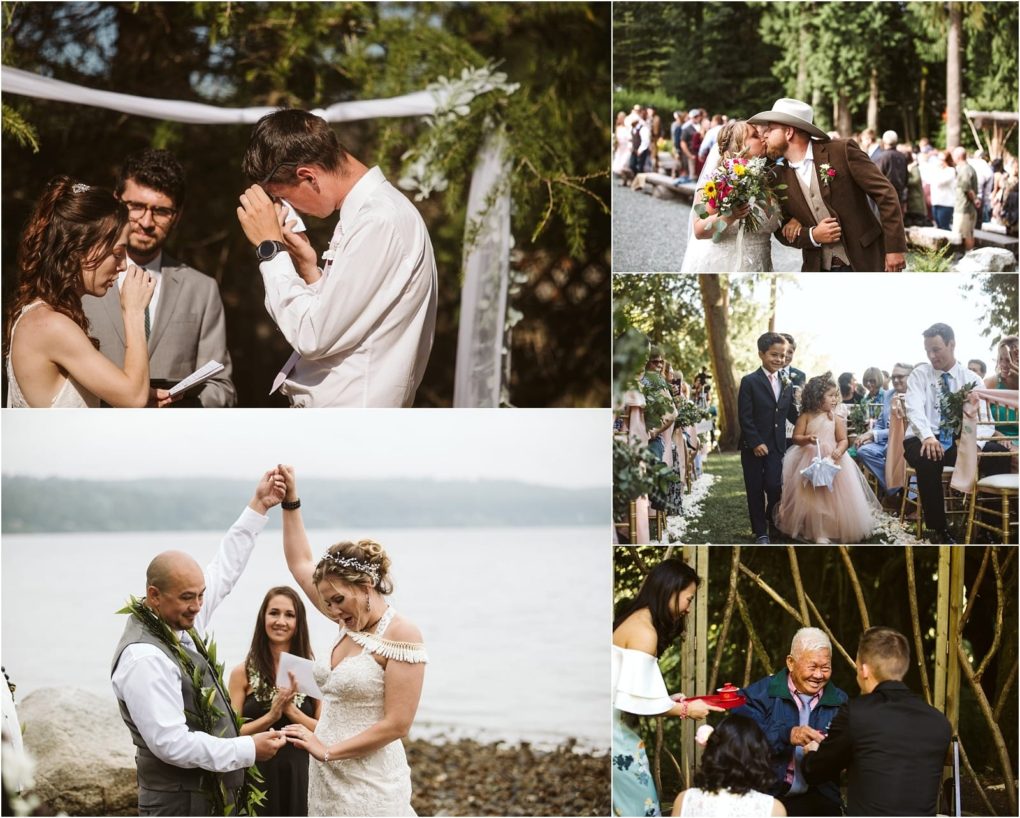 Premier snohomish & seattle wedding photographer | gsquared weddings photography a collage of snohomish wedding moments a groom wipes tears during vows a couple kisses guests walk with a flower girl a bride and groom cheer by the water and an elder gives a blessing Trees and water set this seattle engagement scene | serving snohomish seattle                   & beyond