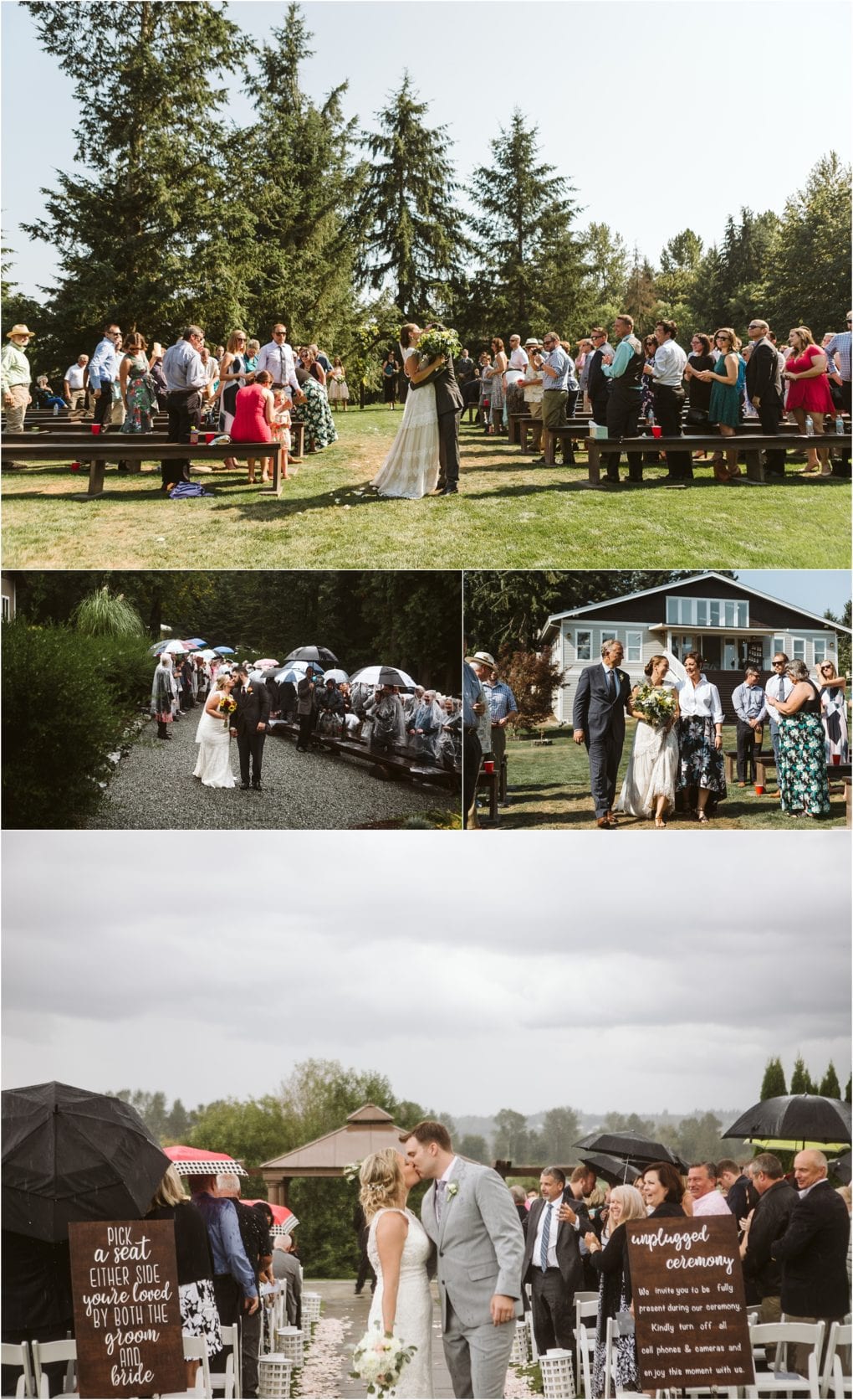 Premier snohomish & seattle wedding photographer | gsquared weddings photography a bride and groom share a kiss at their snohomish outdoor wedding as guests watch from benches Later guests hold umbrellas in the rain while the seattle couple celebrates an unplugged ceremony with a joyful aisle walk and kiss | serving snohomish seattle                   & beyond