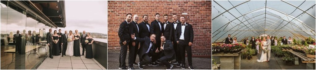 Premier snohomish & seattle wedding photographer | gsquared weddings photography three photos a snohomish wedding party on a rooftop men in suits and sneakers by a brick wall and a bride and groom with guests inside a greenhouse surrounded by plants near seattle | serving snohomish seattle                   & beyond