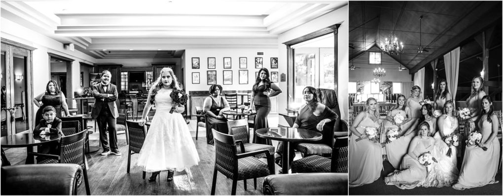 Premier snohomish & seattle wedding photographer | gsquared weddings photography two black and white photos on the left a bride and wedding party pose confidently in a lounge at a snohomish seattle wedding on the right bridesmaids in gowns hold bouquets and pose together indoors | serving snohomish seattle                   & beyond