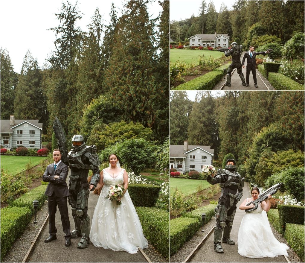 Premier snohomish & seattle wedding photographer | gsquared weddings photography a bride and groom pose in a garden during their snohomish wedding with a guest in detailed sci fi armor The bride playfully holds a prop weapon while the groom stands by her side surrounded by lush greenery and charming houses | serving snohomish seattle                   & beyond