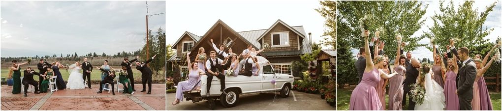 Premier snohomish & seattle wedding photographer | gsquared weddings photography three wedding party scenes group posing outdoors celebrating on a vintage white truck in front of a house and bridesmaids and groomsmen cheering with hands raised by a tree lined fence at a snohomish seattle wedding engagement | serving snohomish seattle                   & beyond