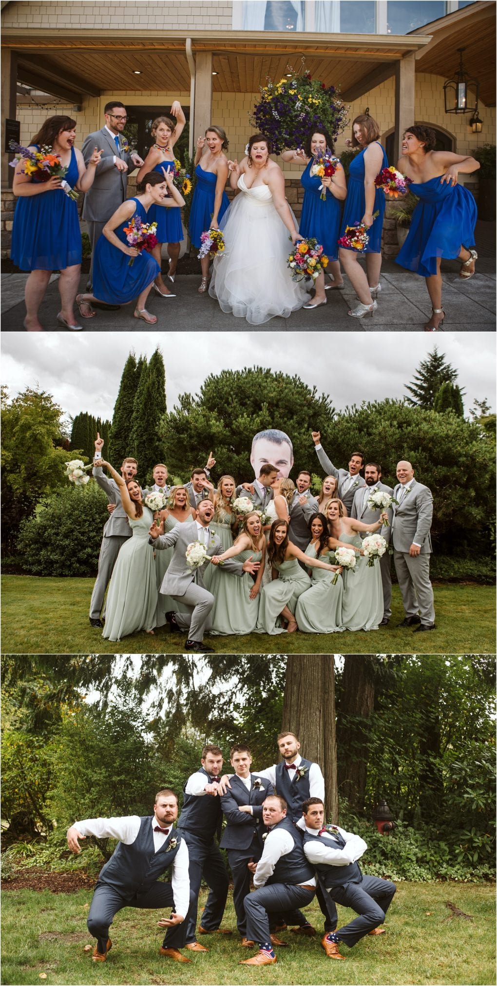 Premier snohomish & seattle wedding photographer | gsquared weddings photography three group wedding photos topbride poses playfully with bridesmaids in blue dresses middlewedding party strikes fun poses outdoors at a snohomish seattle wedding holding a large cutout face bottomgroomsmen crouch energetically among trees | serving snohomish seattle                   & beyond