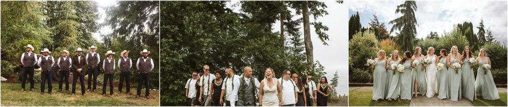 Premier snohomish & seattle wedding photographer | gsquared weddings photography three snohomish wedding party photos men in cowboy hats and vests the full group celebrating outdoors among trees and women in light green dresses with bouquetsall surrounded by lush seattle greenery | serving snohomish seattle                   & beyond
