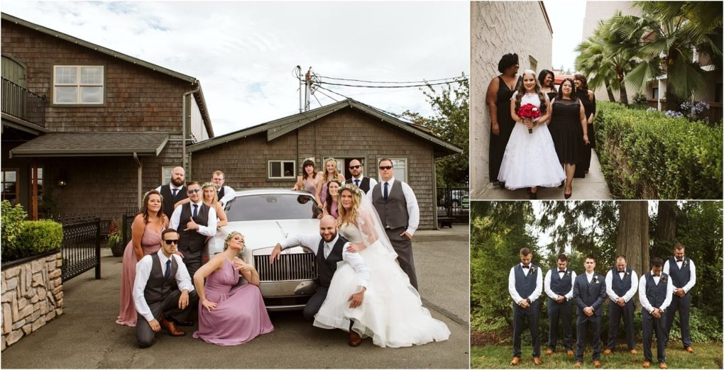 Premier snohomish & seattle wedding photographer | gsquared weddings photography a collage of three snohomish wedding photos a group poses by a classic car the bride walks with bridesmaids and groomsmen gather outdoors in formal attirecapturing unforgettable seattle engagement moments | serving snohomish seattle                   & beyond