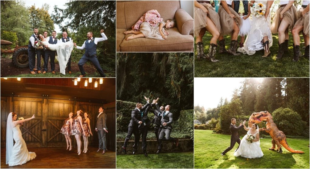 Premier snohomish & seattle wedding photographer | gsquared weddings photography a collage of playful snohomish seattle wedding photos featuring group jumps bridesmaids in cowboy boots a child napping on a couch a dinosaur costume chasing the couple and guests posing in fun energetic ways outdoors | serving snohomish seattle                   & beyond