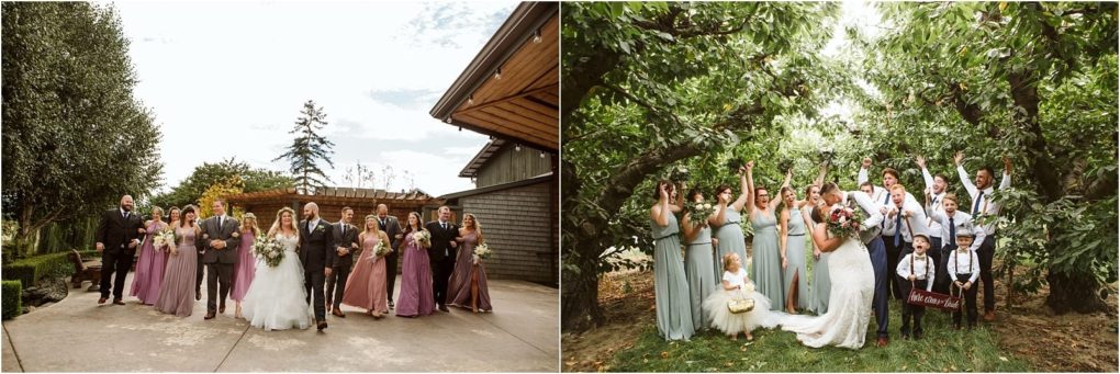 Premier snohomish & seattle wedding photographer | gsquared weddings photography two wedding party photos from a snohomish seattle wedding one with the group walking outdoors in formal attire the other celebrating cheerfully under green treesbridesmaids groomsmen and children all in coordinated outfits | serving snohomish seattle                   & beyond