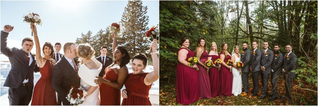 Premier snohomish & seattle wedding photographer | gsquared weddings photography two wedding party photos left a joyful snohomish winter group with the bride and groom kissing right a fall seattle scene with bridesmaids in burgundy and groomsmen in gray suits perfect for wedding or engagement inspiration | serving snohomish seattle                   & beyond