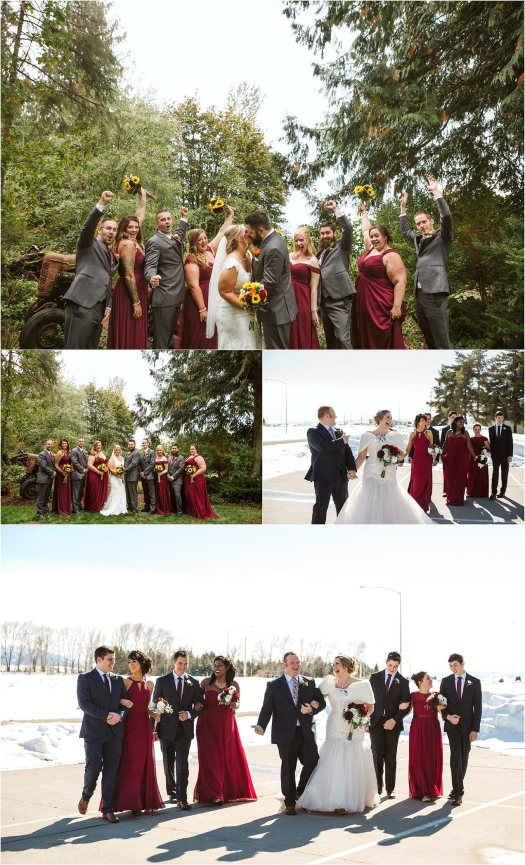 Premier snohomish & seattle wedding photographer | gsquared weddings photography a collage of snohomish and seattle wedding party photos outdoors shows brides in white gowns bridesmaids in burgundy dresses and groomsmen in dark suits celebrating together in sunny snowy and green settings | serving snohomish seattle                   & beyond