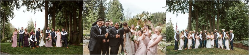 Premier snohomish & seattle wedding photographer | gsquared weddings photography a snohomish wedding party poses outdoors in three photos the full group groomsmen in black suits and bridesmaids in light pink dresses with white bouquets all surrounded by tall trees near seattle | serving snohomish seattle                   & beyond