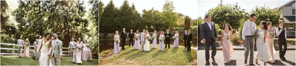 Premier snohomish & seattle wedding photographer | gsquared weddings photography three photos of a snohomish wedding party the bride groom bridesmaids and groomsmen walk outdoors on a sunny day dressed in formal attire smiling and holding bouquets amid lush seattle greenery and trees | serving snohomish seattle                   & beyond