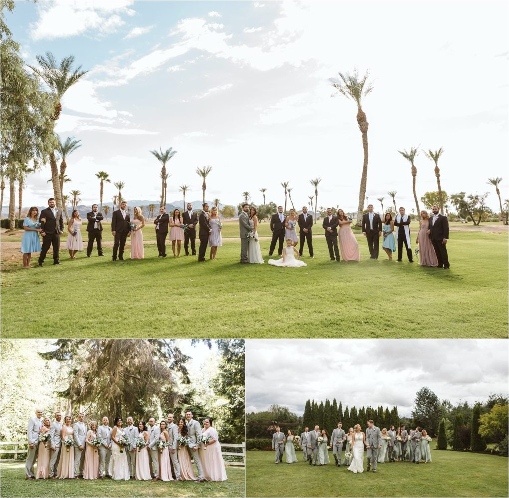 Premier snohomish & seattle wedding photographer | gsquared weddings photography three photos show large snohomish wedding parties standing outdoors the top image features a group on a sunny lawn with palm trees below two groups pose closely together in garden settings smiling and holding bouquets | serving snohomish seattle                   & beyond