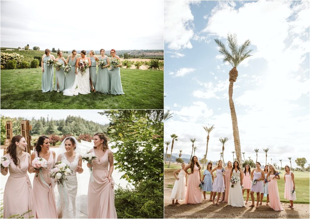 Premier snohomish & seattle wedding photographer | gsquared weddings photography a collage of three snohomish seattle wedding photos shows bridesmaids in pastel dresses and a bride in white outdoors on grass or near palm trees all smiling and holding bouquets under a bright sky | serving snohomish seattle                   & beyond