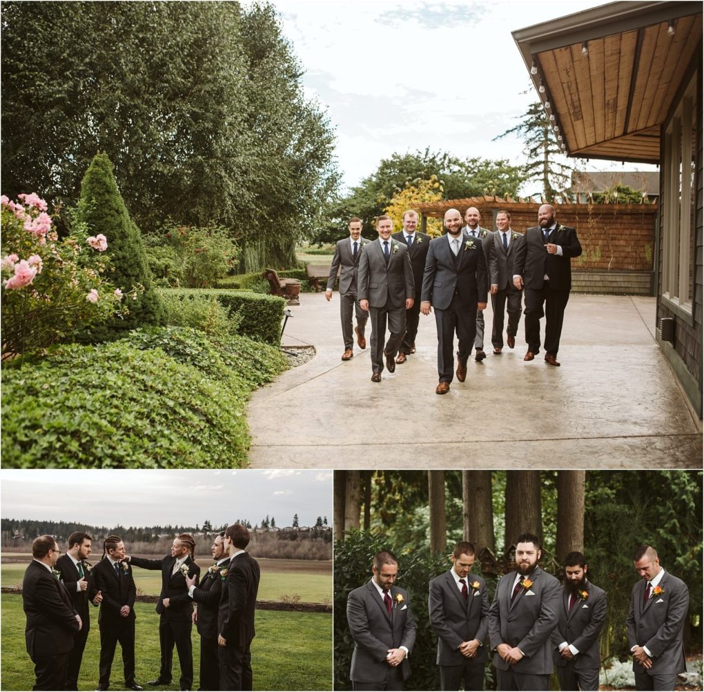 Premier snohomish & seattle wedding photographer | gsquared weddings photography three photos of a groom and his groomsmen at a snohomish seattle wedding walking together on a path chatting in a field and posing solemnly outdoors surrounded by lush greenery and trees | serving snohomish seattle                   & beyond