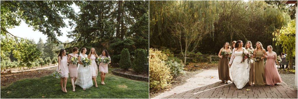 Premier snohomish & seattle wedding photographer | gsquared weddings photography two photos of a bride walking outdoors with her bridesmaids at a snohomish seattle wedding Theyre all smiling wearing mismatched dresses in neutral and pink tones and holding bouquets on a sunny day with lush greenery behind them | serving snohomish seattle                   & beyond