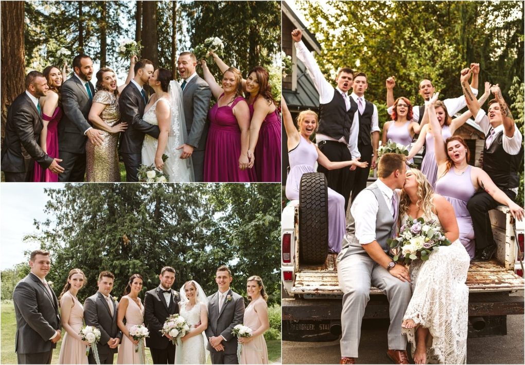 Premier snohomish & seattle wedding photographer | gsquared weddings photography a collage of snohomish wedding party photos the bride and groom with their bridesmaids and groomsmen all smiling and celebrating in formal attire outdoors with one photo featuring the couple kissing on a truck bed | serving snohomish seattle                   & beyond
