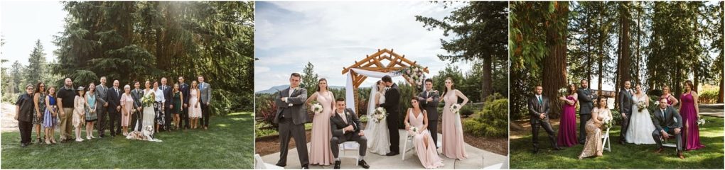 Premier snohomish & seattle wedding photographer | gsquared weddings photography three wedding group photos at a snohomish seattle wedding left shows a large group with a dog center features the wedding couple with close family and right displays a smaller group seated and standing among tall trees all outdoors | serving snohomish seattle                   & beyond
