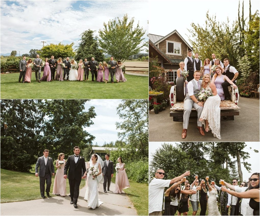 Premier snohomish & seattle wedding photographer | gsquared weddings photography a collage of snohomish wedding photos the wedding party poses outdoors the couple sits on a pickup truck with friends the couple walks with attendants and guests raise glasses in a celebratory toast | serving snohomish seattle                   & beyond