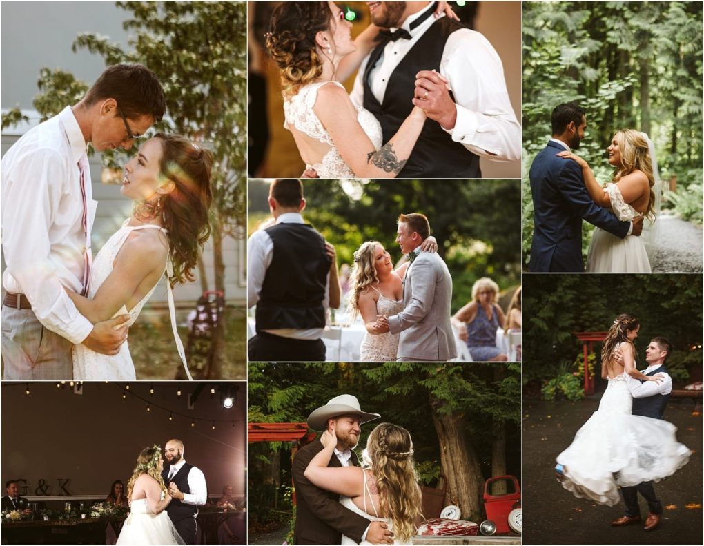 Premier snohomish & seattle wedding photographer | gsquared weddings photography a collage of couples dancing at a snohomish wedding both indoors and outdoors near seattle surrounded by greenery string lights and joyful expressions with the bride seen in a white dress in each photo | serving snohomish seattle                   & beyond