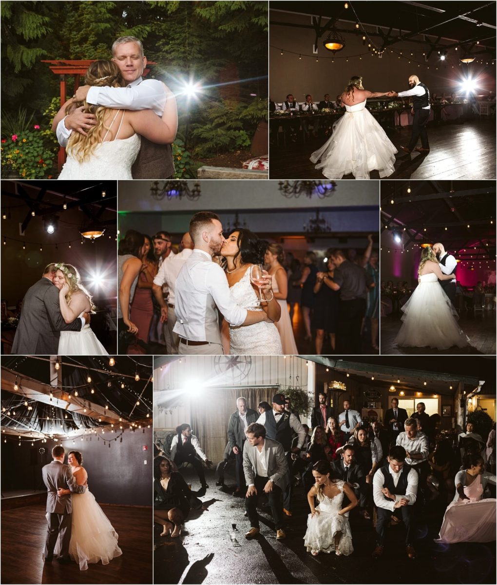 Premier snohomish & seattle wedding photographer | gsquared weddings photography a collage of snohomish wedding reception photos shows a couple dancing embracing and celebrating with guests in a warmly lit venue Some images capture group dancing and joyful moments on the dance floor during this seattle engagement celebration | serving snohomish seattle                   & beyond